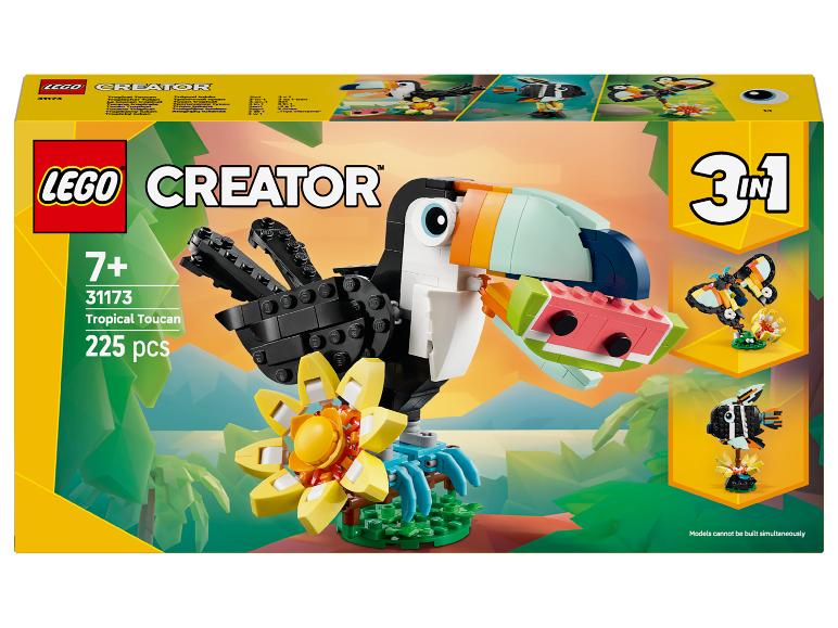 Pudełko LEGO Creator 3 w 1 z tropikalnym tukanem, motylem i rybą.