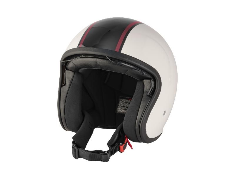 Biały kask motocyklowy z czarnym paskiem i czerwonym akcentem.