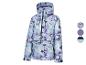 Kurtka narciarska z kapturem, w niebiesko-fioletowy wzór z czarnymi plamami.