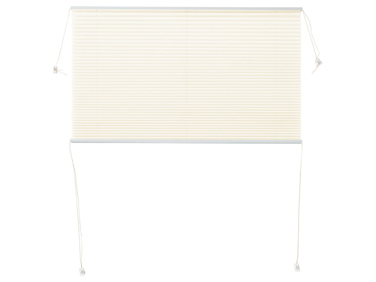 Kremowe rolety plisowane z sznurkiem do regulacji.