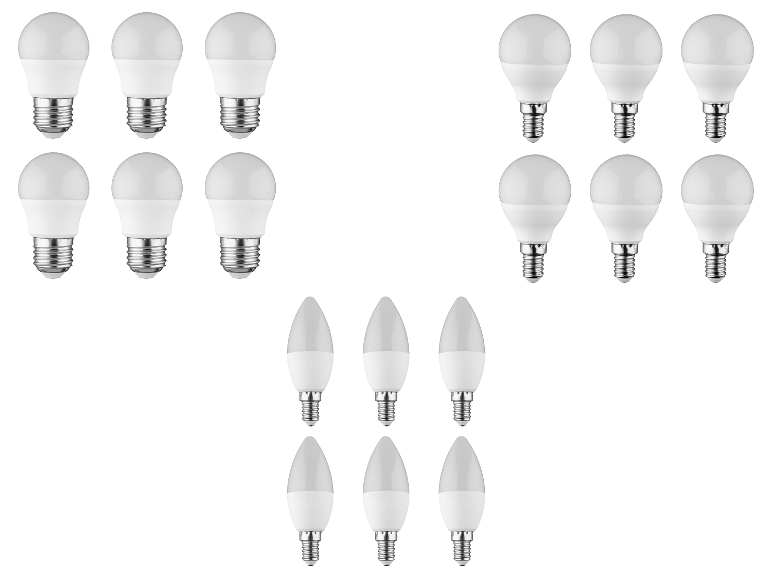 Asortyment żarówek LED: okrągłe i świecznikowe.