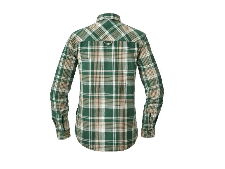 Koszula w kratę w zielono-beżowych kolorach, z długim rękawem.