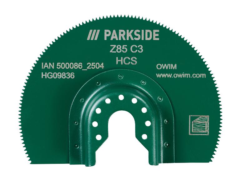 Zielona tarcza piły z napisami: PARKISIDE, Z85 C3, HCS, IAN 500086_2504, HG09836, OWIM, www.owim.com.