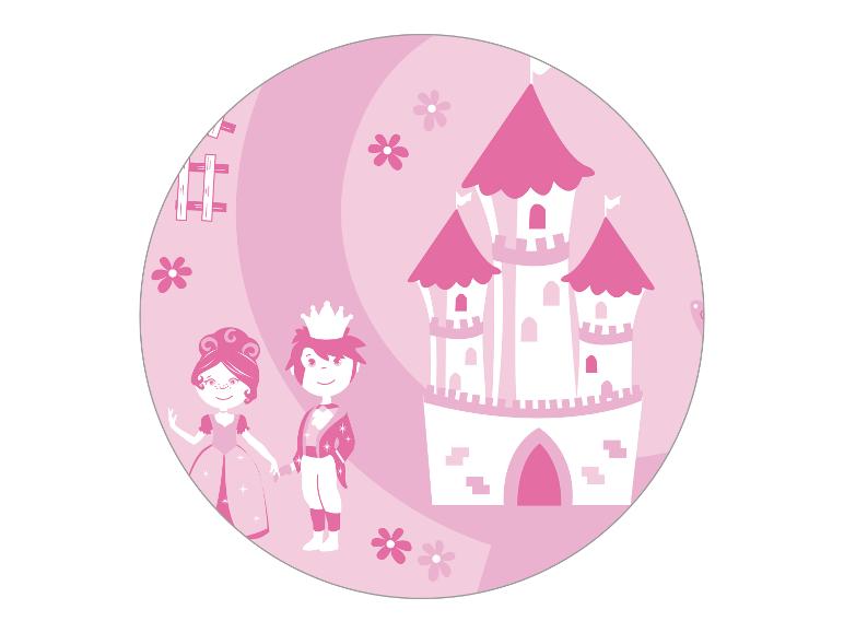 Różowy okrągły obraz księżniczki, księcia i zamku z kwiatami.