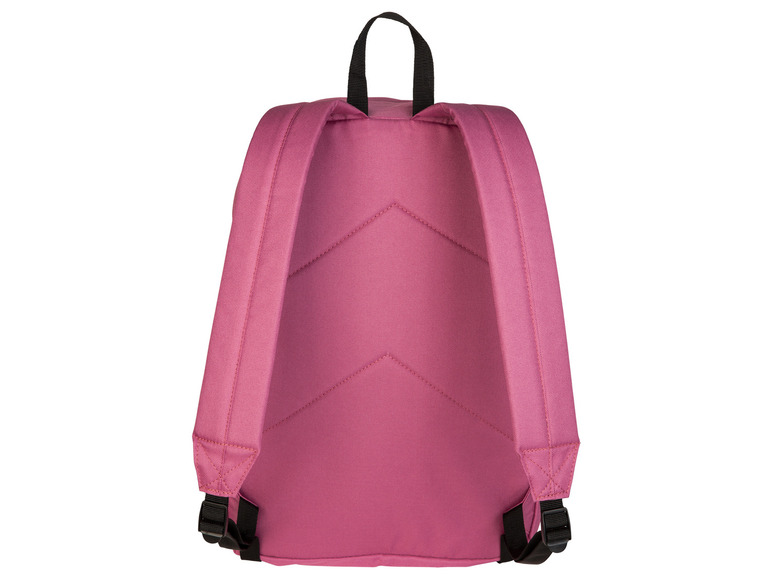 Różowy plecak z czarnymi paskami.