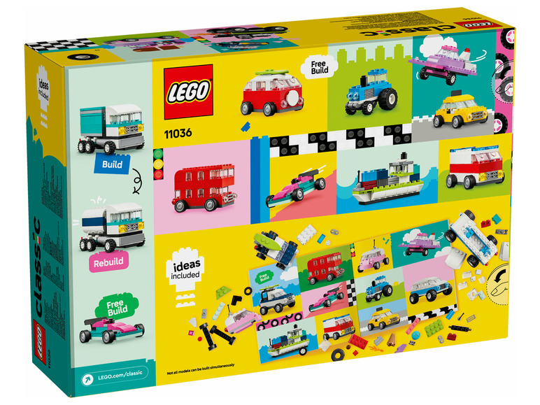 Pudełko LEGO Classic z pomysłami na budowanie samochodów, autobusów i łodzi.
