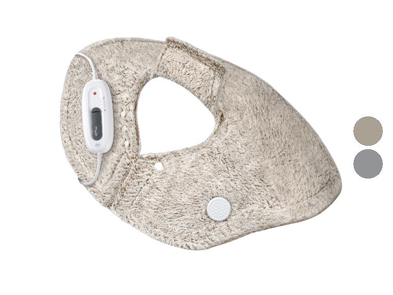 Beżowa elektryczna poduszka grzewcza z białym kontrolerem i dwoma próbkami kolorów.