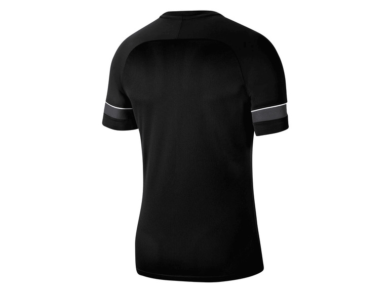 Czarny T-shirt Nike z białymi i szarymi paskami na rękawach.