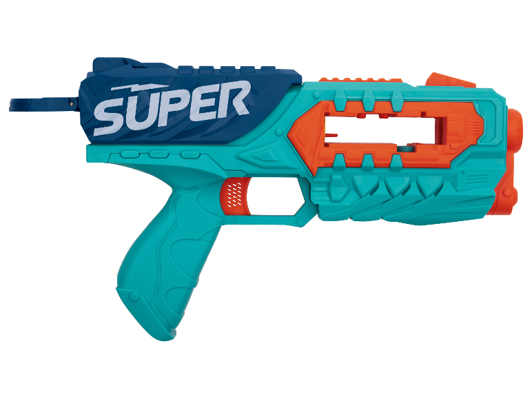 Super pistolet na wodę, niebieski i turkusowy, futurystyczny design.