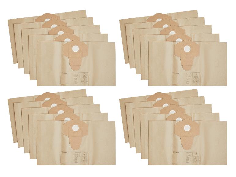 Cztery stosy worków do odkurzacza z papieru kraft, z widocznymi instrukcjami użytkowania.
