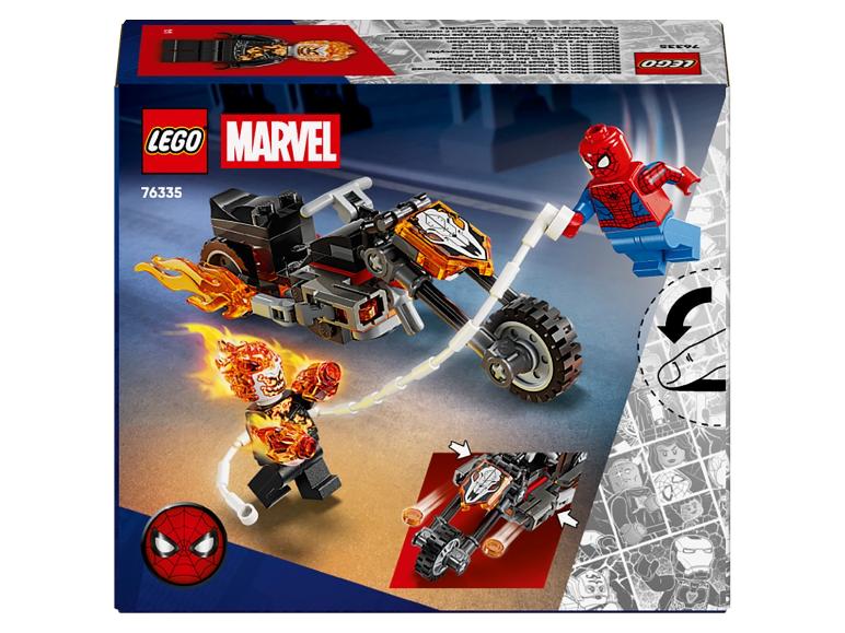 Zestaw Lego Marvel 76335 ze Spider-Manem, Ghost Riderem i jego płonącym motocyklem.