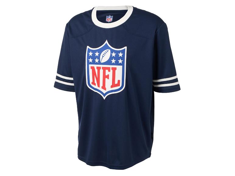 Granatowa koszulka NFL z krótkim rękawem i białymi paskami.