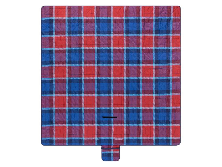 Plaid piknikowy w kratę, czerwony i niebieski.