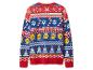 Świąteczny sweter Lidl, czerwono-niebieski, ze wzorami płatków śniegu, lasek cukrowych i choinek.