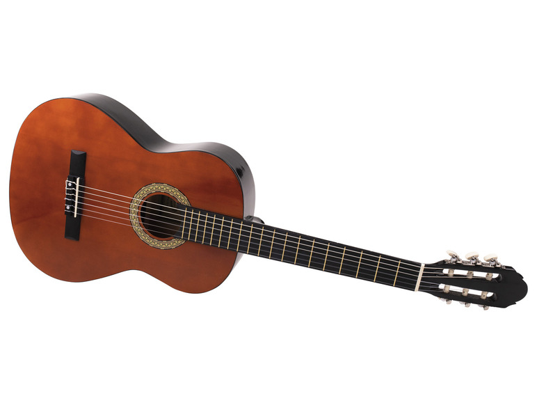 Akustyczna gitara z drewnianym korpusem i czarną szyjką.