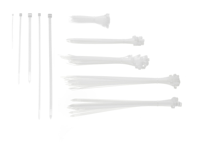 Zestaw białych opasek zaciskowych, pojedynczo i w opakowaniu.