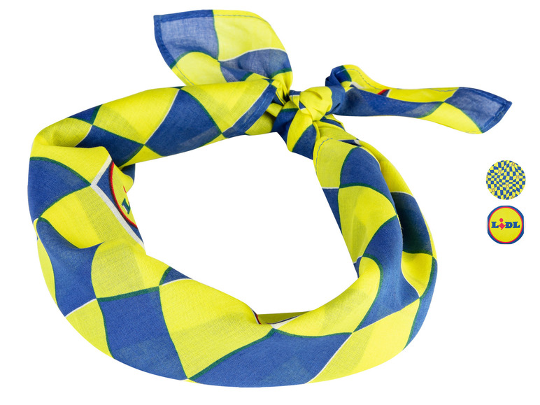 Żółto-niebieska bandana z logo Lidl.