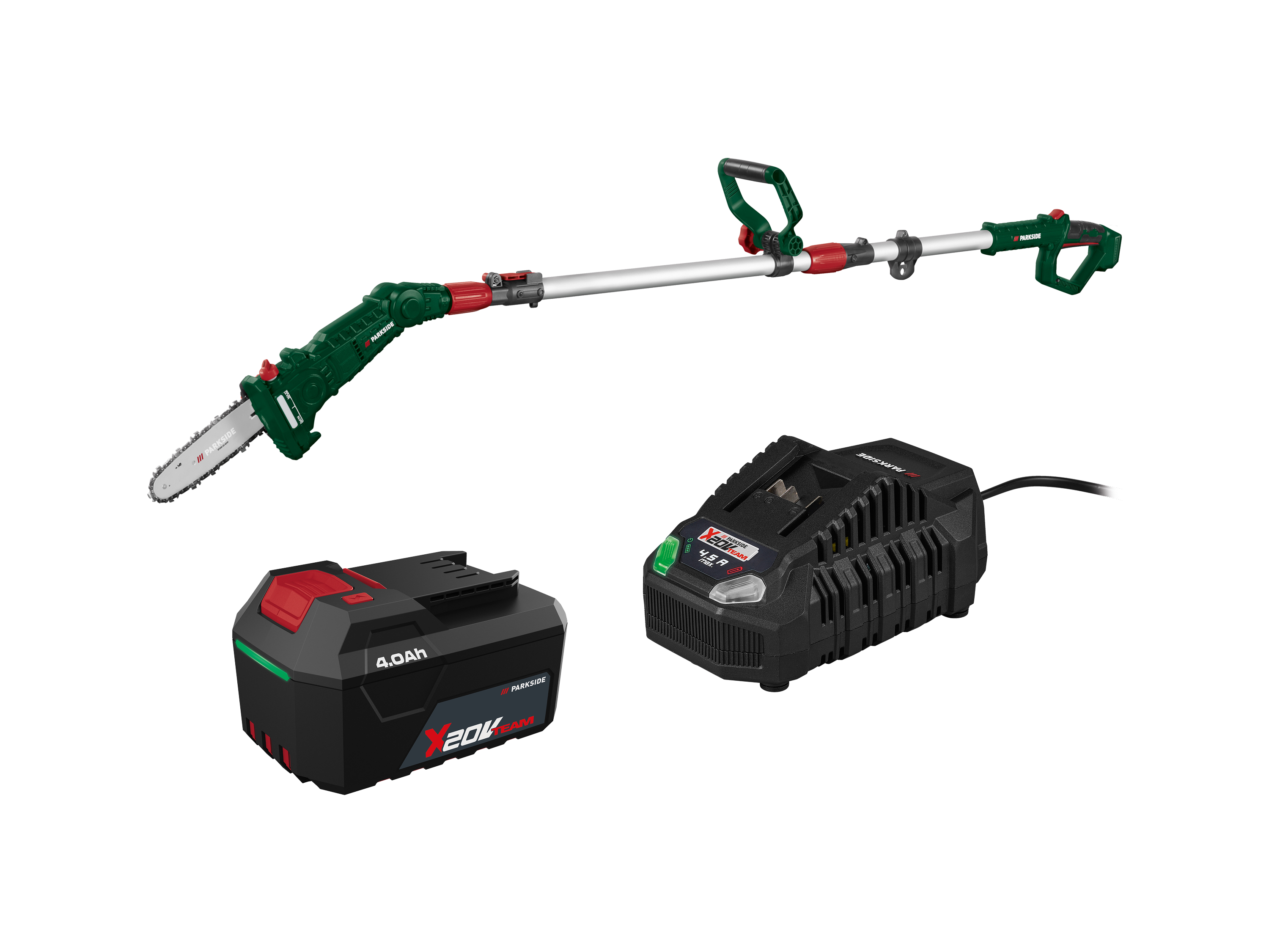 PARKSIDE® Zestaw Parkside: Podkrzesywarka akumulatorowa 20 V PAHE E6, akumulator 4 Ah PAP 204 A1 i ładowarka 120 W PLG 20 C3