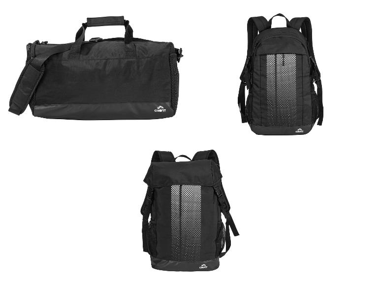 Torby sportowe Crivit: torba sportowa i dwa czarne plecaki.