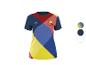 Kolorowa koszulka sportowa z geometrycznym wzorem i logo sponsorów.