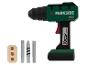 Wiertarko-wkrętarka Parkside z akcesoriami, w tym bitami i drewnianym klockiem.