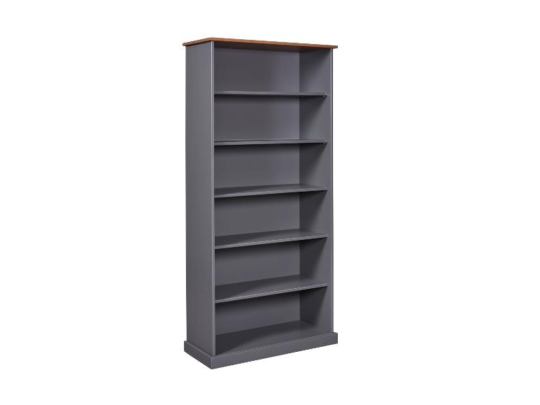 Szara biblioteczka z drewnianym blatem.