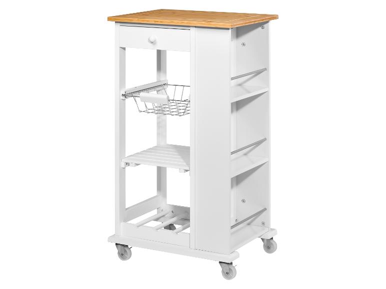 Biały wózek kuchenny z blatem z bambusa.