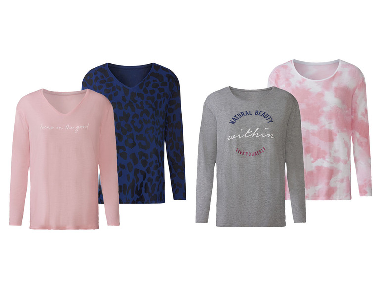 Cztery koszulki z długim rękawem: różowa z napisem 'focus on the good', niebieska w panterkę, szara z napisem 'Natural Beauty within' i różowa w tie-dye.