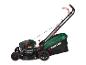 Zielono-czarna kosiarka spalinowa Parkside z materiałowym koszem na trawę.
