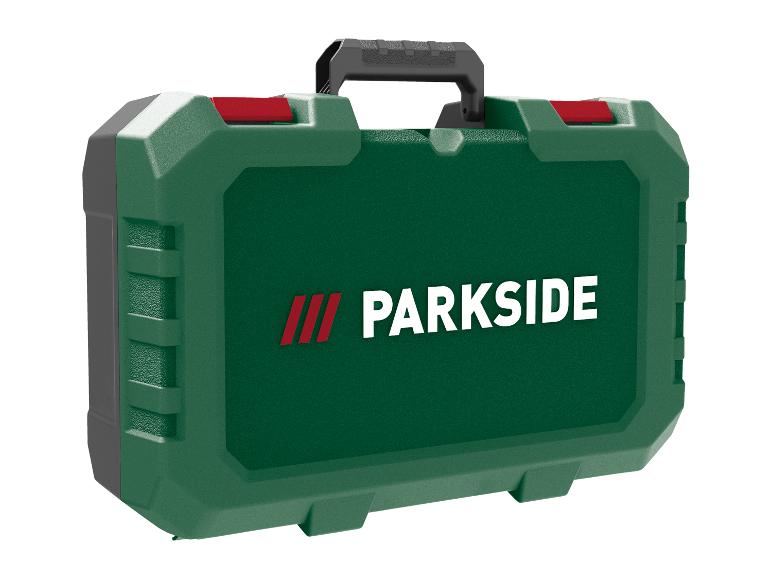 Zielona skrzynka narzędziowa PARKSIDE z czerwonymi zatrzaskami i czarną rączką