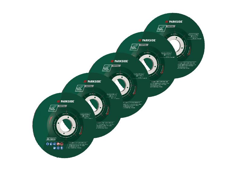 Pięć zielonych tarcz do cięcia metalu o wymiarach 115 x 6,0 x 22,23 mm i maks. 13 300 obr./min.