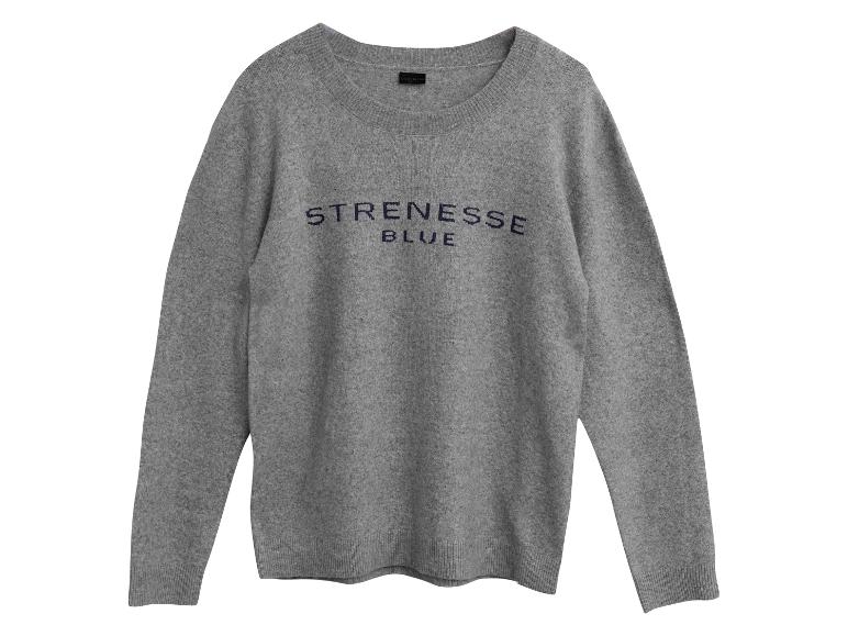 Szary sweter z okrągłym dekoltem i haftowanym logo „STRENESSE BLUE”.