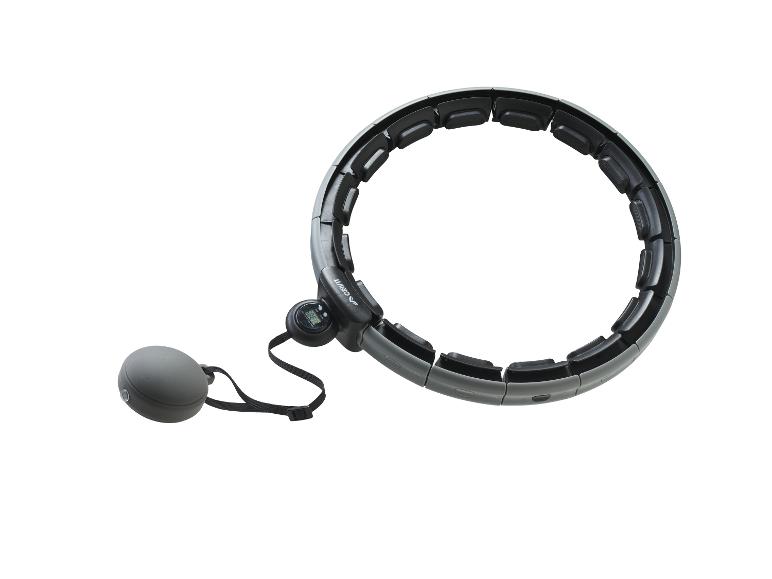 Szare hula-hoop z cyfrowym licznikiem i dołączonym kulistym obciążnikiem.