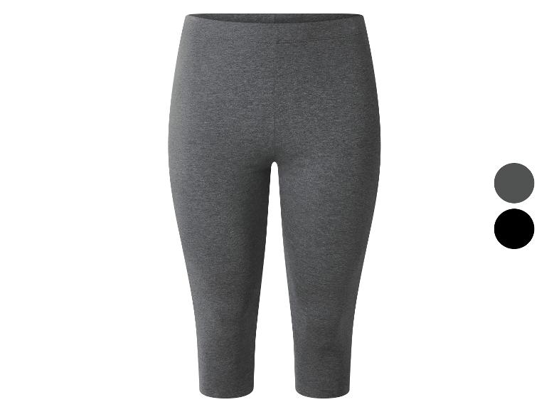 Ciemnoszare legginsy capri z elastycznego materiału, z dwoma próbkami kolorów obok.
