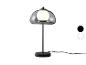 Lampa stołowa z przydymionym szklanym kloszem i czarną podstawą, z opcjami kolorystycznymi.