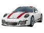 Biały samochód sportowy Porsche z czerwonymi paskami, w formie puzzli.