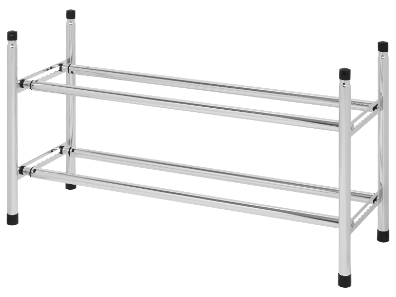 Metalowy stojak na buty z dwoma półkami.