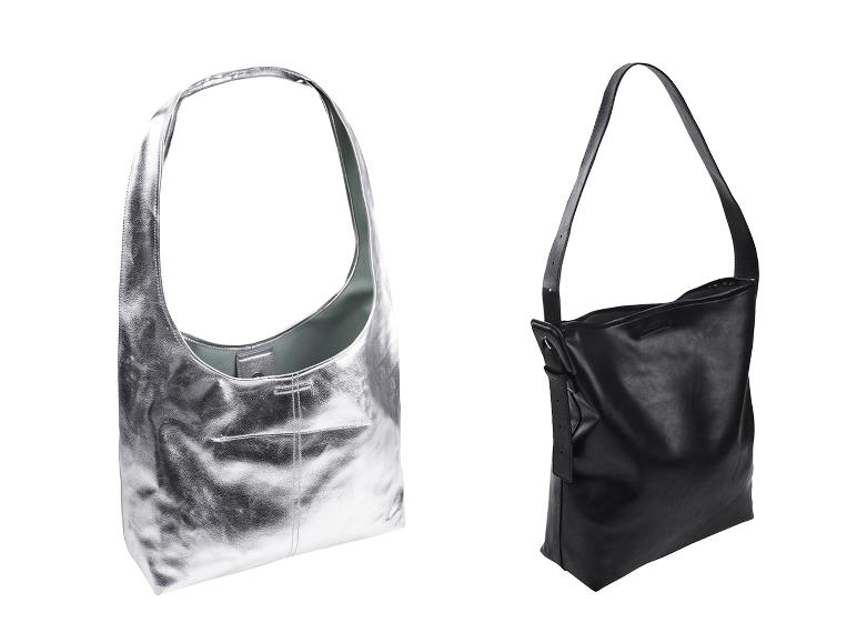 Dwie skórzane torby: srebrna i czarna.