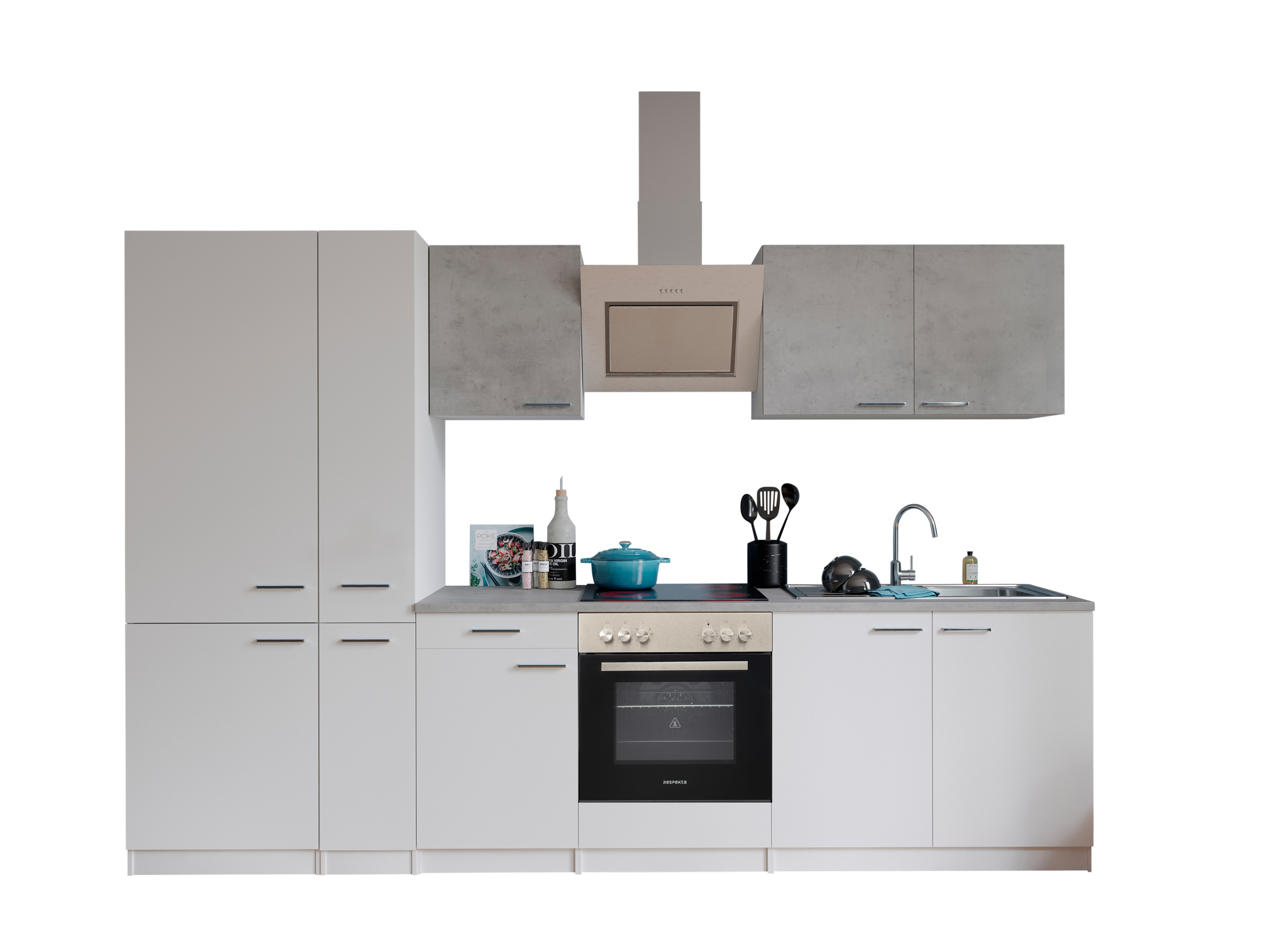 RESPEKTA Kuchnia Malia (Płyta szklano-ceramiczna, lodówka combi, Biały/beton, 300 cm)
