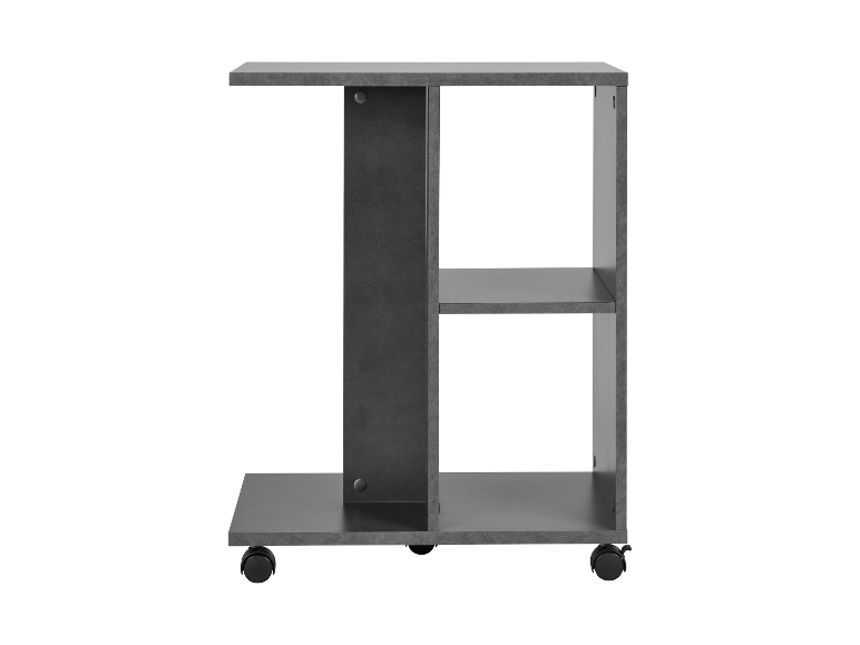 Czarny stolik pomocniczy na kółkach z dwoma półkami.