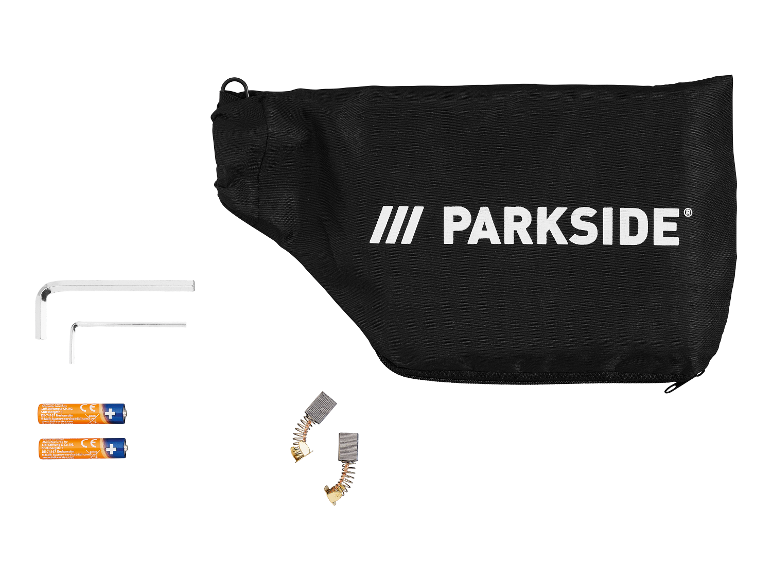 Akcesoria Parkside: torba, szczotki węglowe, klucze imbusowe i baterie.