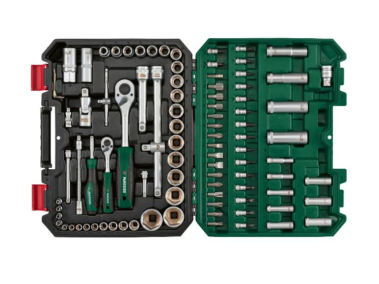 Zestaw kluczy nasadowych i bitów Parkside w otwartej walizce.