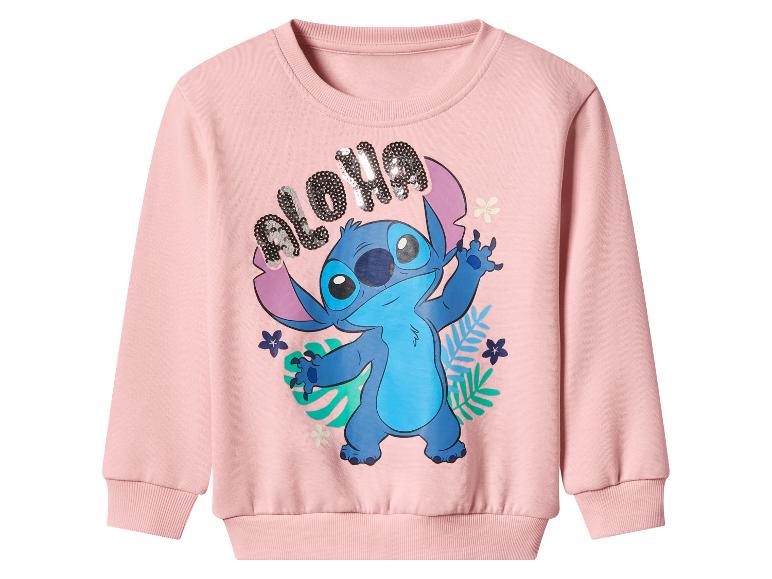Różowa bluza dziecięca z nadrukiem Stitcha i napisem „Aloha” z cekinami.