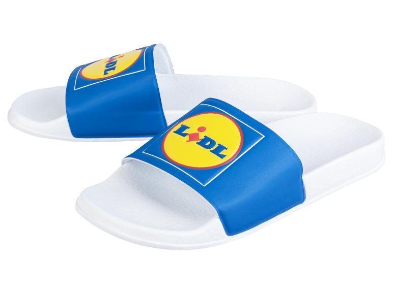 Klapki Lidl, niebieskie i białe.