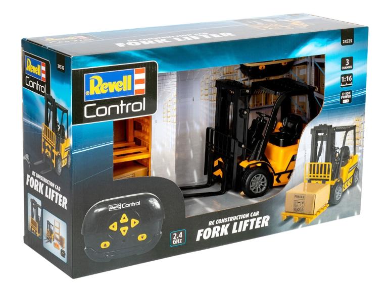 Zabawka Revell Control RC wózek widłowy w opakowaniu, z pilotem i funkcjami.