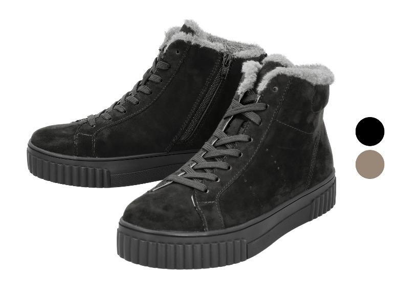 Czarne zamszowe botki z futerkiem, sznurowadłami i zamkiem błyskawicznym, z grubą podeszwą
