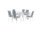 Zestaw mebli ogrodowych: biały prostokątny stół i sześć szarych krzeseł.