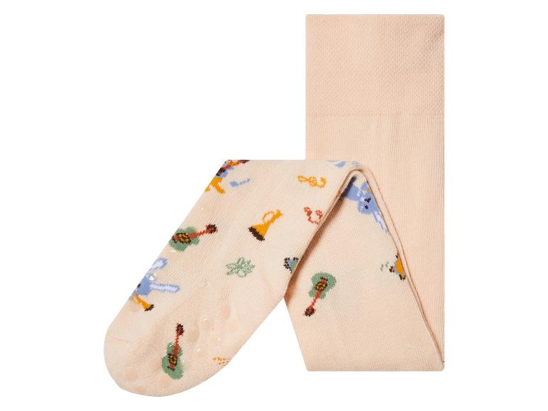 Beżowe rajstopy dla niemowląt z antypoślizgowymi kropkami i nadrukiem zwierząt.