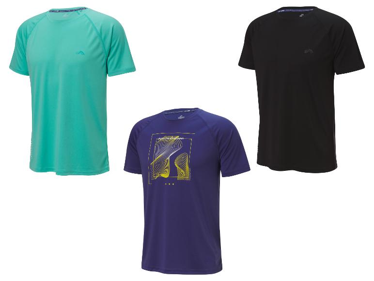 Trzy męskie koszulki Crivit, jedna turkusowa, jedna czarna i jedna fioletowa z geometrycznym wzorem.