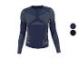 Granatowa koszulka sportowa z długim rękawem, z szarymi paskami i niebieskimi akcentami.